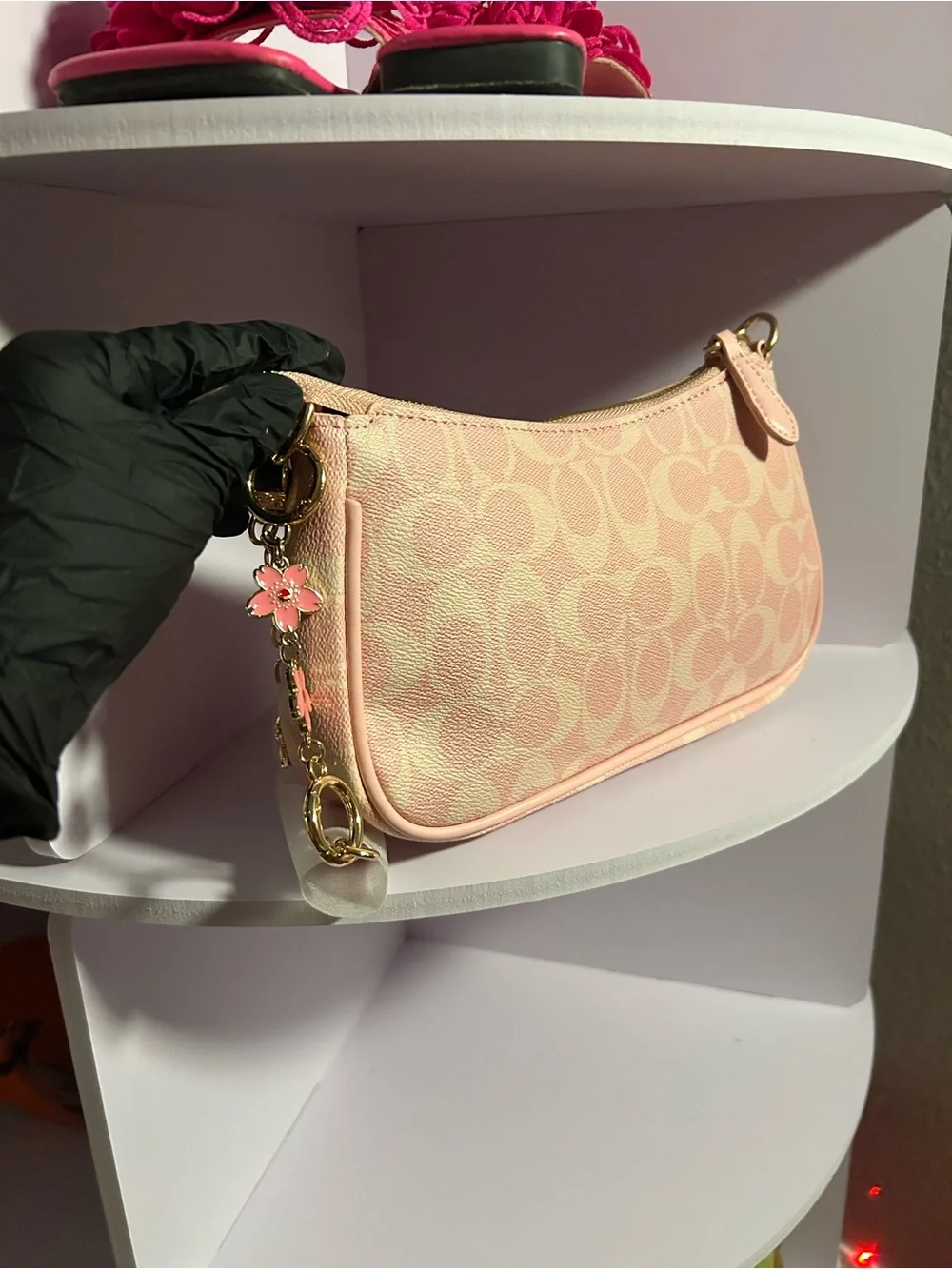 Coach Pink Floral Chain Wristlet with Gold Hardware